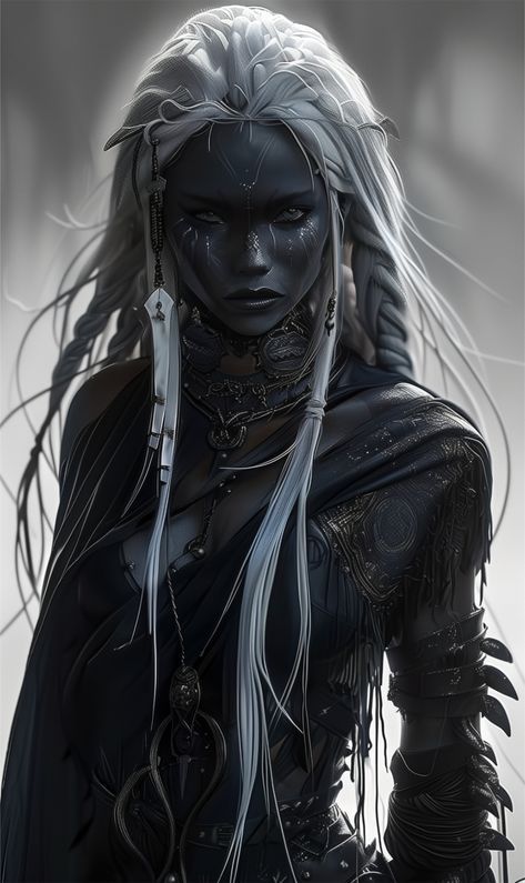 Drow Bard Female, Elven Character Design, Drow Female Art, Drow Priestess, Dark Skin Models, Black Mage, Anime Elf, Female Elf, Alien Character