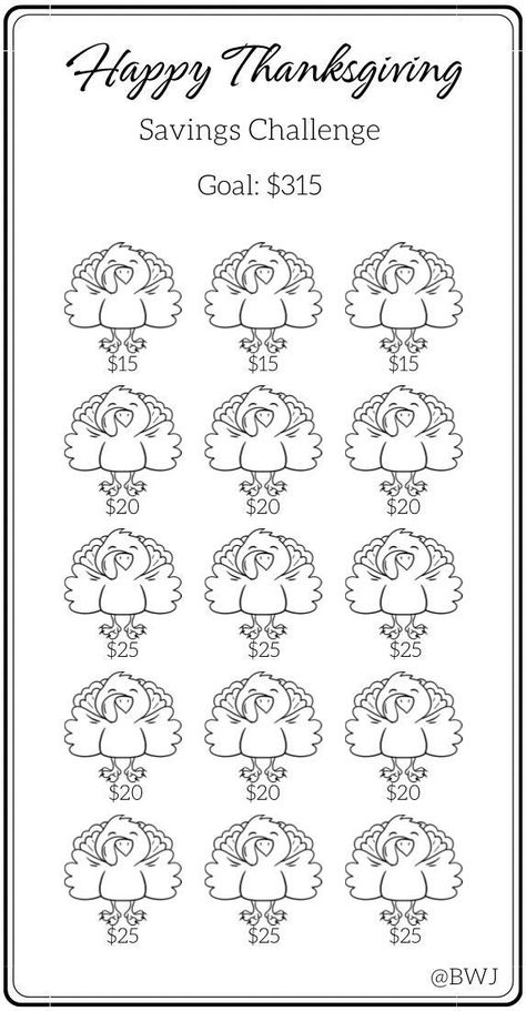 Thanksgiving holiday is coming soon and we all would like a little extra cash saved to help us get there. This mini savings challenge will help you get started on this goal. Each icon is listed with the amount of money that needs to be saved, cash stuff and color in every turkey as you go along. Once the challenge is completed you will have saved $315! Happy Thanksgiving!! Printing Info: *PDF Digital Download *This is printed on 8.5 x 11 US letter size paper *Once printed, cut and place inside your A6 envelope *Color will vary depending on ink and printer Disclaimer: This is a PDF Digital Download. No physical product will be mailed to you. Digital Download will be available once payment has been confirmed and purchase has been completed. This printable is for personal use only, not to be Mini Savings Challenge, Board Collage, Saving Money Chart, Savings Chart, Money Chart, Money Saving Methods, Money Saving Techniques, Saving Money Budget, Money Saving Plan