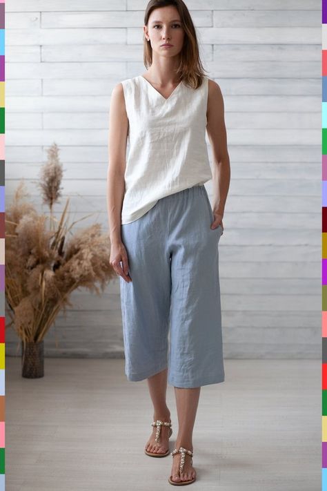 100% pure linen (Italy). Linen pants. Flax pants. Linen capris. Italian linen. Europe Clothes, Flax Pants, Loose Linen Pants, Capri Outfits, Pants Linen, White Linen Shirt, Pants Loose, Blue Trousers, Italy Fashion