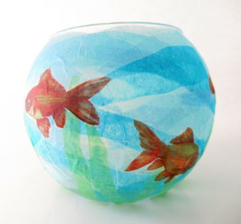 Goldfish Bowl Night Light | Fun Family Crafts Fish Bowl Craft, Bowl Craft, Beach Crafts For Kids, Tissue Paper Craft, Beach Themed Crafts, Recycled Crafts Kids, Green Tissue Paper, Tissue Paper Crafts, Paper Fish