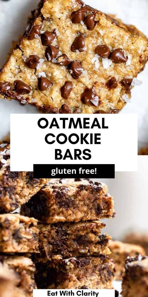 These gluten free oatmeal chocolate chip cookie bars are easy to make and taste like a blondie! They're healthy, can be made vegan and perfect for a healthy dessert or snack. These oatmeal cookies are chewy and perfectly sweet. Oatmeal Chocolate Chip Cookie Bars, Ella Vegan, Decadent Cheesecake, Gluten Free Chocolate Cupcakes, Oatmeal Chocolate Chip Cookie, Oatmeal Chocolate Chip Bars, Oatmeal Cookie Bars, Recipe Cheesecake, Chocolate Chip Bars