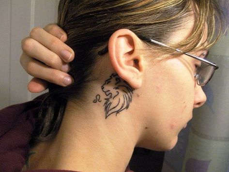 Tiny tattoo behind the ear Small Lion Tattoo For Women, Small Lion Tattoo, Zodiac Signs Leo Tattoo, Leo Constellation Tattoo, Leo Zodiac Tattoos, Leo Tattoo Designs, Constellation Tattoo, Neck Tattoos Women, Leo Tattoos