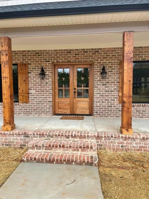 Brick Farmhouse Exterior, Porch Beams, Red Brick House Exterior, Big Front Porches, Brick Farmhouse, Brick Porch, Porch House, Brick Steps, Porch Remodel