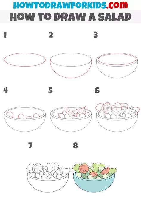 Drawing Food Step By Step, Salad Sketch, Salad Doodle Drawing, How To Draw A Plate, Salad Illustration Drawings, Salad Drawing Easy, Salad Doodle, Salad Drawing Illustration, Food Drawing Sketches Easy