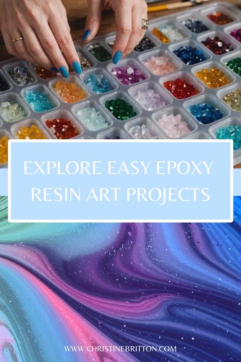 Hands sorting colored beads above a swirling epoxy resin art piece, with text "Explore Easy Epoxy Resin Art Projects". Pour Resin Art, Beginner Epoxy Resin Projects, Resin Pouring For Beginners, Resin Art For Beginners, Resin Techniques, Epoxy Ideas, Resin Art Painting, Art For Beginners, Diy Headboards