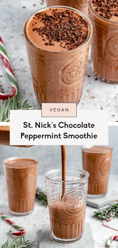 St. Nick's naughty & nice chocolate peppermint smoothie made with simple, nourishing ingredients and an option to make it boozy! This healthy mint chocolate smoothie recipe is naturally sweetened with dates and perfect for mixing in your favorite smoothie add-ins. A quick and easy breakfast or snack you'll love! Peppermint Protein Shake, Peppermint Smoothie, Chocolate Smoothie Recipe, Mocha Smoothie, Chocolate Smoothie Recipes, Date Smoothie, Healthy Diet Smoothies, Peppermint Recipes, Mint Smoothie