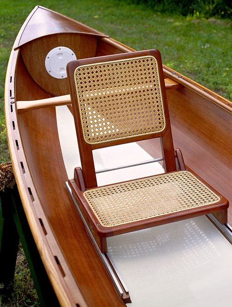 WeeRob13.5 - Seat Detail The seat adjusts fore and aft on aluminum tracks, and can be easily removed for use as a camp chair. The backrest folds down for transport. Wood Kayak Plans, Mirror Dinghy, Canoe Seats, Canoe Plans, Wood Kayak, Wooden Kayak, Cedar Strip Canoe, Canoe Accessories, Canoe Building