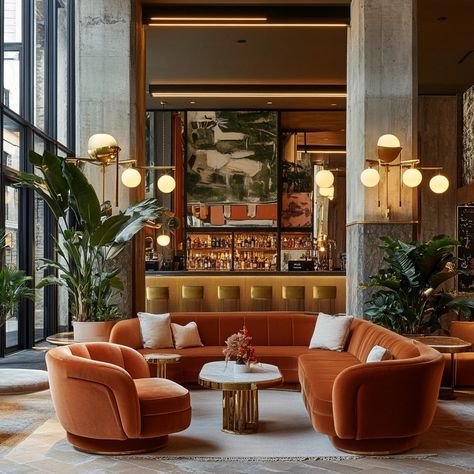 My Images Restaurant Lounge Interior Design, Boutique Hotel Interiors Lobby, Hotel Lounge Design, Small Hotel Lobby, 70s Interior Restaurant, Burnt Orange Restaurant Interior, Amenity Lounge, Art Deco Hotel Reception, Hotel Bar Lounge