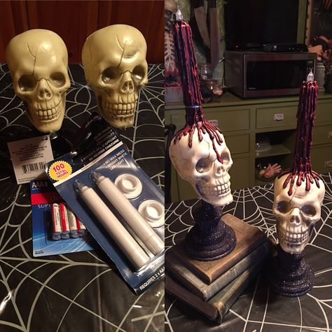 Dollar Store Pirate Decorations, Dollar Tree Skull Crafts, Plastic Skull Ideas, Dollar Tree Pool Noodle Halloween Candles, Samhain Crafts, Dollar Tree Mini Skull Crafts, Skeleton Fairies, Diy Skull Candle Holder, Dollar Store Halloween Diy