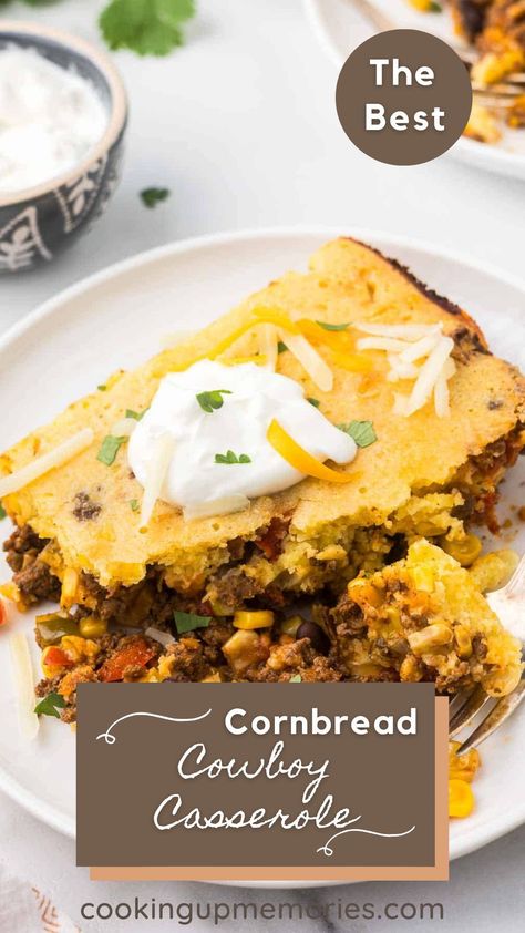 Upgrade your cornbread tonight! This Cornbread Cowboy Casserole has ground beef, corn, black beans, gooey cheese, and a sweet cornbread topping, making the ultimate easy dinner. Healthy Cornbread Casserole, Ground Turkey Cornbread Casserole, Cornbread Pie Ground Beef, Cowboy Casserole Cornbread, Ground Beef Cornbread Casserole, Cornbread Cowboy Casserole, Cowboy Cornbread Casserole, Cornbread Pie, Cornbread Topping