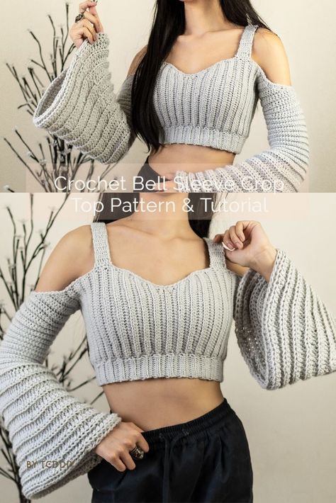 Easy Crochet Crop Tops – free pattern + video tutorial for beginners Crochet Shirt Free Pattern, Crochet Long Sleeve Tops, Crochet Bell Sleeve, Bell Sleeve Crop Top, Crop Top Pattern, Pull Crochet, Step By Step Crochet, Mesh Tops, Cropped Pullover