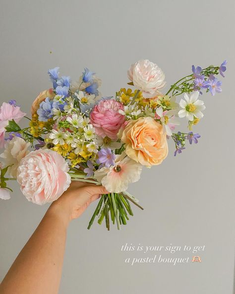 summer pastel bouquets are a must 🌷🧚🏻 Simple Pastel Bouquet, Runuculous Flower Bouquet, Wedding Florals Pastel, Garden Party Bouquet, Pastel Spring Wedding Flowers, Garden Party Wedding Bouquet, Whimsical Flower Bouquet, Summer Wedding Flowers Bouquets, Pastel Bouquet Wedding