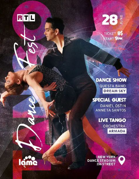 Download the Free Tango Dance Event Flyer Template for Photoshop! Dance Flyer Design, Dance Event Poster, New York Dance, Free Flyer Design, Tango Dancing, Free Psd Flyer Templates, Free Psd Flyer, Dance Event, Tango Dance