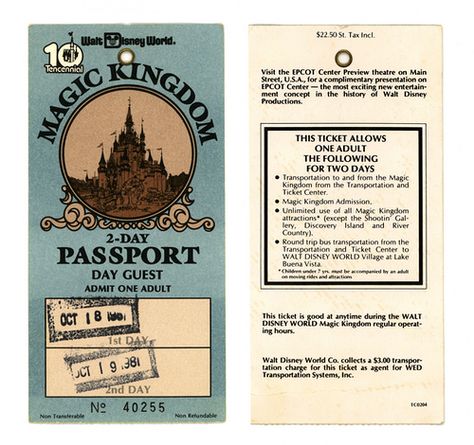 Walt Disney World Adult Ticket-Front & Back (1981) | Flickr Vintage Disney Tickets, Disney Ticket, Disney Bedrooms, Bullet Journal Month, Disney Florida, Disney Tickets, Disney World Tickets, Retro Disney, Ticket Design