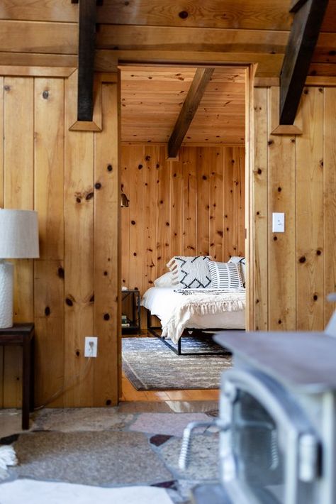 V Match Pine Walls, Pine Walls Bedroom, Knotty Pine Decor, Canada Cabin, Knotty Pine Ceiling, Knotty Pine Cabin, Knotty Pine Paneling, Stairway Walls, Magical Mountain