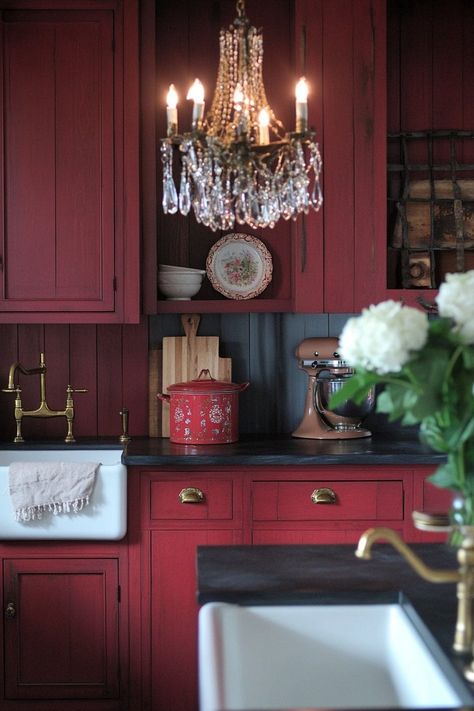 Farmhouse kitchen featuring a charming cabinet in deep olive paired with blush accents, surrounded by rustic decor and botanical patterns. Deep Red Kitchen Cabinets, Deep Red Kitchen, Dark Red Kitchen, Farmhouse Kitchen Cabinet Color Ideas, Red Country Kitchens, Burgundy Kitchen, Farmhouse Kitchen Cabinet, Red Cabinet, Red Kitchen Cabinets