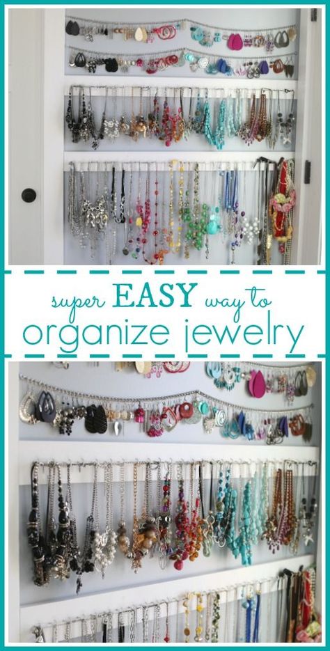 Simple Jewelry Organization idea, easy way to hang up all that jewelry and avoid a tangled mess! - Sugar Bee Crafts Organize Jewelry, Crafts Simple, Cheap Apartment Decorating, Organizational Tips, Cheap Farmhouse Decor, Interior Simple, Organizer Diy, Christmas Decorations Cheap, Decor Ikea