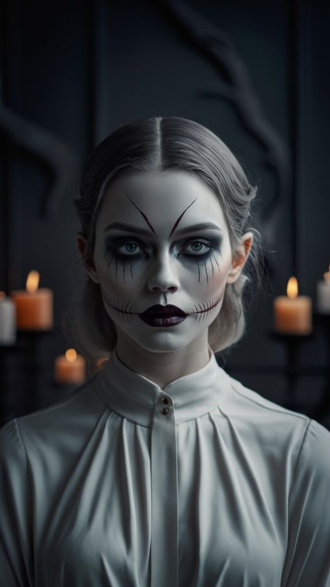 Create a monstrous appearance with 10 Halloween makeup ideas perfect for a terrifying night. Click to explore gruesome designs. Pale Foundation, Black Face Paint, Sunken Eyes, White Face Paint, Zombie Bride, Halloween Makeup Ideas, Spooky Skeleton, Magical Makeup, Gothic Looks