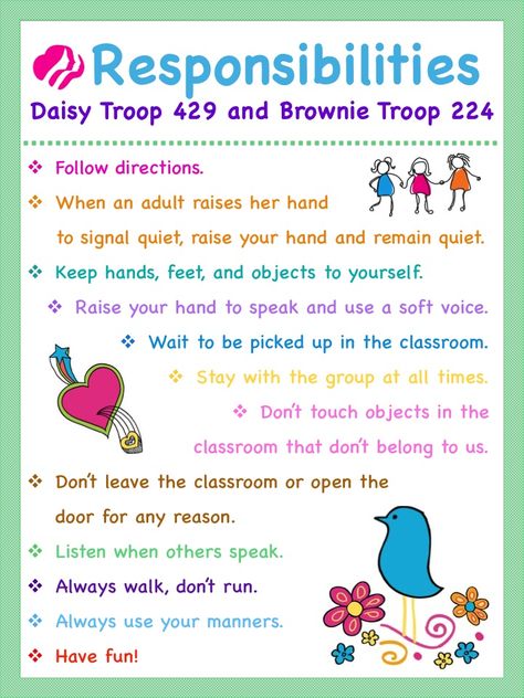 Girl Scouts Troop Meeting Rules and Responsibilities Chart / Poster Girl Scout Kaper Chart Ideas Brownies, Kaper Chart Multilevel, Brownie Meeting Ideas, Girl Scout Brownies Meetings, Kaper Chart, Daisy Activities, Girl Scout Daisy Activities, Girl Scout Meeting Ideas, Girl Scout Mom