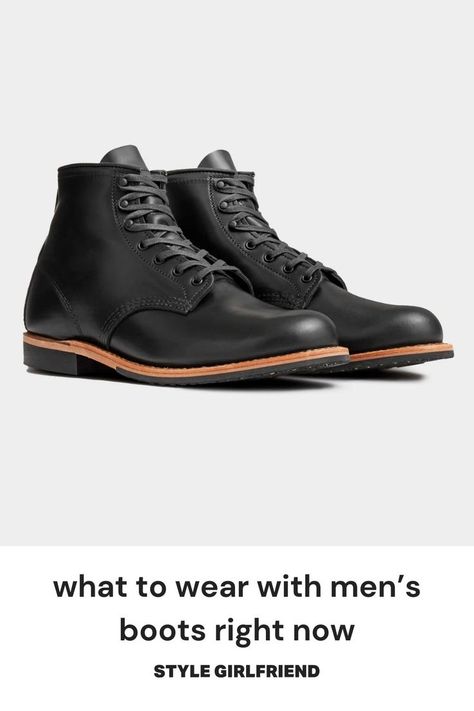 pair of black leather boots with black laces. text on-screen reads: what to wear with men's boots right now (style girlfriend) Jeans With Boots Outfit, With Boots Outfit, Outfit Ideas With Boots, Outfits With Boots, Jeans With Boots, Leather Boots Outfit, Boring Outfits, Brown Boots Outfit, Chelsea Boots Outfit