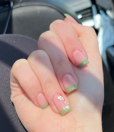 Green Nail Simple Design, Sage Green Nails Design Square, Sage Green French Tip Nails With Flowers, Save Green French Tips, Nails For A Sage Green Dress, Short Sage Green French Tip Nails, March Nail Inspo Aesthetic, Green French Nails With Flowers, Sage Green Short Square Nails