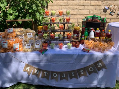 Mexican Party Table Candy Buffet, Botana Table Mexican, Dessert Table Cowboy Theme, Fiesta Dessert Table Ideas, Fruit Table Ideas Birthday Mexican, Mexican Party Sweets Table, Fruit And Chamoy Bar, Snack Table Mexican Party, Mexican Candy Table Ideas Birthday