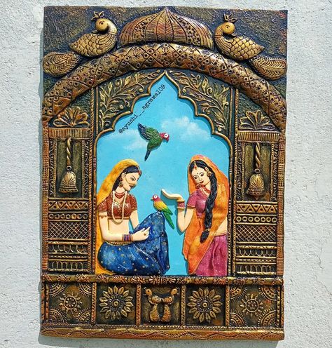 Lippan Art Frame, Jharoka Diy, Vrindavan Photo, Siporex Carving, Jharokha Painting, Rajasthani Wall Art, Jharokha Art, Painted Mirror Art, 3d Relief Art