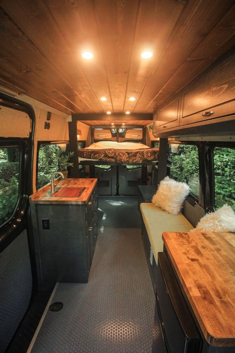 Transit Camper Conversion, Caravan Living, Kitchen Galley, Electric Bed, Converted Vans, Van Dwelling, Lake House Food, Camper Interior Design, Airstream Remodel