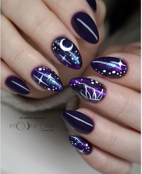 Cosmic Nail Art Designs, Purple Star Nail Designs, Almond Nails Galaxy, Simple Galaxy Nails, Cat Eye Nails Design Galaxy, Dark Purple Witchy Nails, Nail Ideas Space, Magical Nail Design, Galaxy Nail Ideas