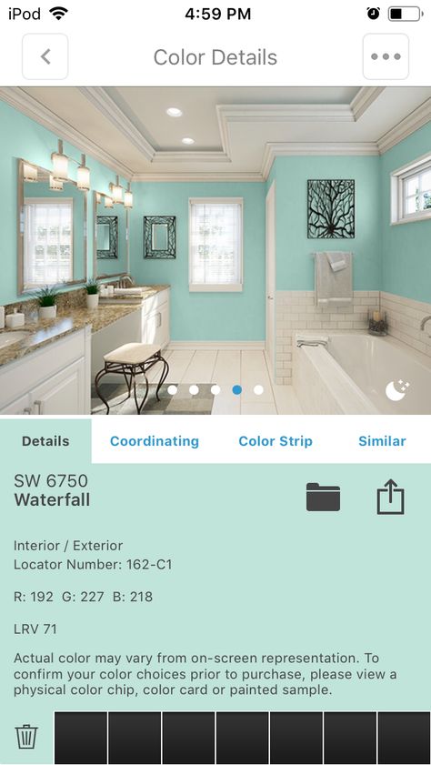 Sherwin Williams Waterfall #6750 Waterfall Sherwin Williams, Sherwin Williams Waterfall, Small Space Kitchen Storage, Coastal Paint Colors, Diy Beach Decor, Mcm House, Paint Color Inspiration, Farmhouse Remodel, Bungalow Style