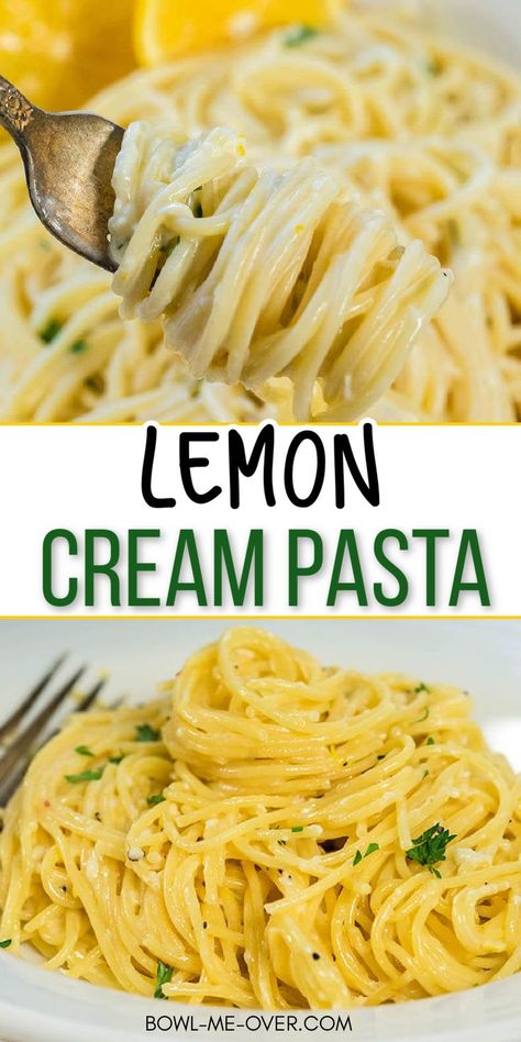 Photo of creamy lemon pasta twirled around forks. Second photo of a pile of pasta on plate. With Pinterest overlay. Creamy Lemon Garlic Pasta, Lemon Cream Pasta, Lemon Pasta Recipes, Lemon Spaghetti, Lemon Garlic Pasta, Cream Sauce Pasta, Cream Pasta, Garlic Pasta, Lemon Pasta