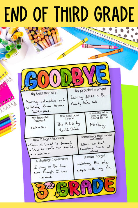 Celebrate your student's successes at the end of the school year with this foldable end-of-grade reflection activity. A fun way for second, third or fourth grade children to share their favorite memories before the summer break.  Students color their templates and write their responses to the prompts. They then cut and glue, before folding the template.  A fun way to reflect and build confidence that's a bit different from a standard worksheet Reflection Activity, End Of The Year Celebration, Memory Activities, Reflection Activities, Cut And Glue, End Of Year Activities, Third Grade Classroom, Persuasive Writing, Fun Worksheets