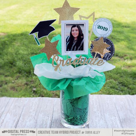 Hybrid How-To | Graduation Centerpiece Graduation Party Centerpieces Diy, Tissue Paper Centerpieces, Grad Party Centerpieces, Picture Centerpieces, Graduation Leis Diy Ribbons, Graduation Leis Diy, High School Graduation Party Decorations, Graduation Centerpiece, Outdoor Graduation