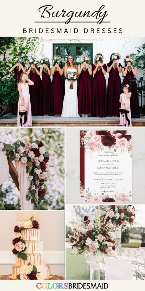 burgundy bridesmaid dresses on sale under $100, in 600+ custom-made styles and all sizes, light pink flower girl dresses, burgundy and white flowers and greenery decorated wedding arch, wedding cake, wedding centerpieces and wedding invitations. #colsbm #bridesmaids #bridesmaiddresses #weddingideas #burgundywedding #weddingcake #weddingarch #weddinginvitation #weddingcenterpieces #burgundydress b2164 White And Gold Wedding Cakes, Flower Girl Dresses Burgundy, Maroon Wedding Colors, Pink And Burgundy Wedding, White And Gold Wedding Cake, Burgundy Wedding Theme, Baby Pink Wedding, Filipiniana Wedding, Blush Bouquet Wedding