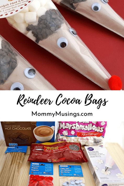 DIY Reindeer Hot Chocolate Bags Hot Cocoa Reindeer Bags Diy Christmas, Reindeer Hot Chocolate Bags, Hot Coco Reindeer Bags, Reindeer Hot Chocolate Cones Easy Diy, Hot Chocolate Bag Gift, Diy Christmas Hot Chocolate Kit, Hot Chocolate Bags Christmas Gifts, Hot Chocolate Bag, Hot Chocolate Reindeer Bags