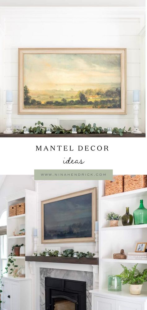 If you’re looking to freshen up your living room this season, these mantel decor ideas are a great way to give your space a lift! From framed landscape prints to long-stemmed greenery, this guide gives a fresh take on the classic mantel accents that never go out of style. Mantle With Picture Frames, Vintage Home Decor Eclectic, Large Framed Mirrors, Mantel Decor Ideas, Repurposed Decor, Mantel Design, Farmhouse Crafts, Fireplace Mantel Decor, Romantic Shabby Chic