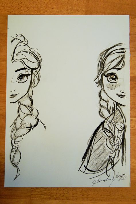 Elsa & Anna - Frozen (want to draw) Sisters Drawing, Chibi Manga, Tumblr Drawings, Couple Drawing, Karakter Disney, Disney Art Drawings, Disney Concept Art, Disney Sketches, Art Disney