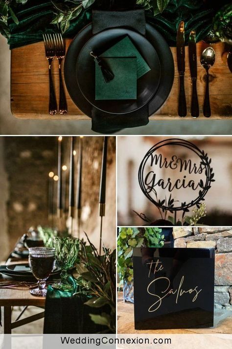 Emerald Green Black And Champagne Wedding, Dark Green Black And Silver Wedding, Black Green And Terracotta Wedding, Dark Green And Black Wedding Decor, Black Gold And Dark Green Wedding, Black Green Champagne Wedding, Emerald And Black Wedding Theme, Forest Green And Black Wedding Theme, Phthalo Green Wedding