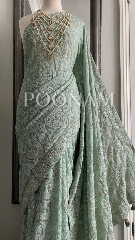 Pista Saree, Saree Bridal Wedding, Lucknowi Saree, Unique Bridal Gowns, Lucknowi Chikankari Saree, Saree Bridesmaid, Chikankari Saree, Pista Green, Lucknowi Chikankari