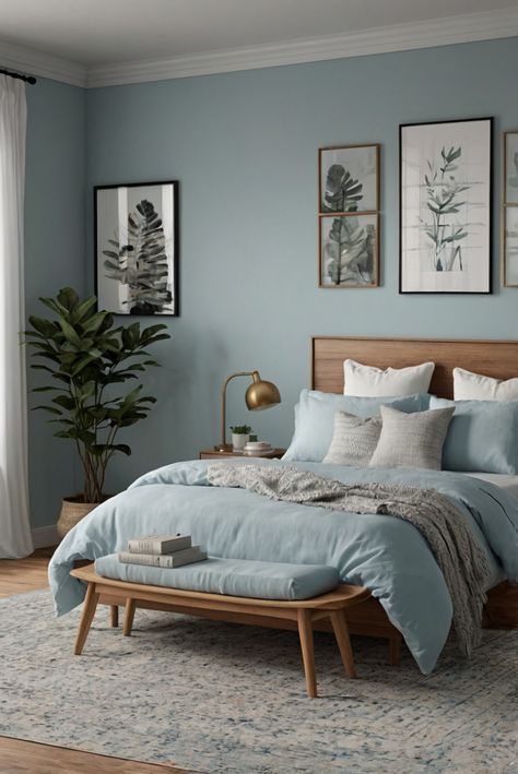 Discover the game-changing advantages of sleek furniture in modern bedrooms. Uncover how clean lines transform spaces effortlessly. #ad     #Colortrend #wallpaint2024  #color2024  #DIYpainting  ##DIYhomedecor  #Fixhome Scandi Blue Bedroom, Scandinavian Interior Blue, Warm Blue Bedroom, Minimalist Bedroom Blue, Sherwin Williams Tradewind, Serenity Bedroom, Scandinavian Interior Bedroom, Light Blue Bedroom, Modern Bedroom Colors