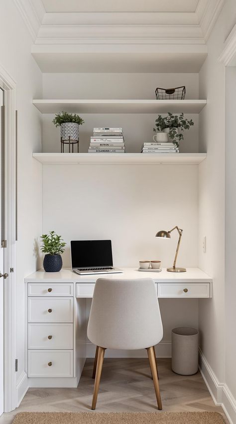 Tiny Office Space Ideas Desk In Alcove, Desk Alcove, Tiny Office Space Ideas, Tiny Office Space, Office Under Stairs, Alcove Desk, Office Space Ideas, Alcove Ideas, Murphy Desk