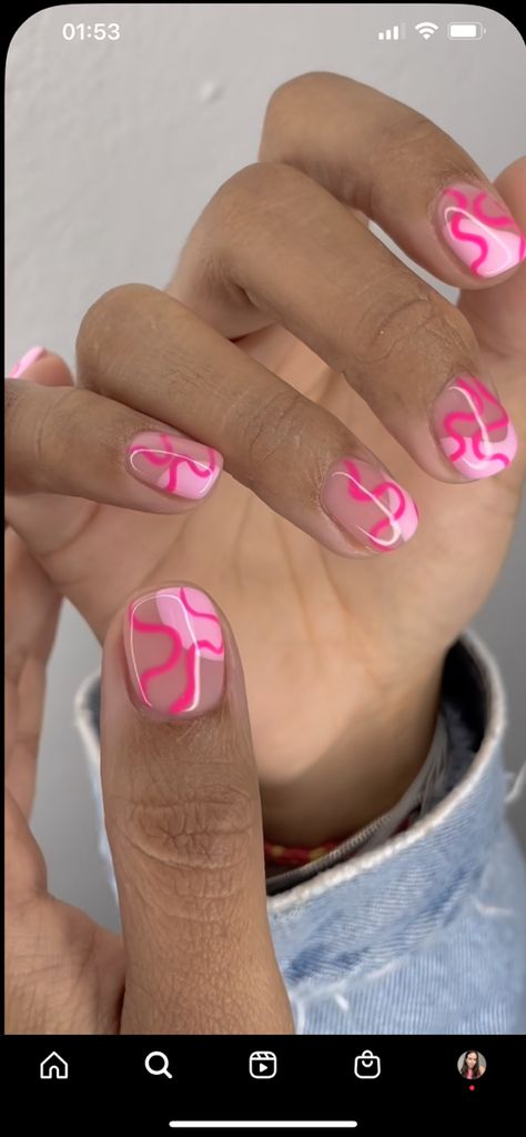 Regular Gel Nail Designs, Easy Acrylic Designs, Gel Nail Designs No Tips, Simple Aesthetic Nails Short, Nail Designs One Finger, Boho Pink Nails, Nail Ideas For Shorter Nails, Fun Nail Designs Pink, Short Nail Designs Summer Pink