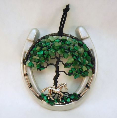 Tree Of Life Ornament, Beaded Wire Art, Beaded Horseshoe, Horseshoe Crafts Projects, Horseshoe Decor, Wire Trees, Silver Horse, Horseshoe Crafts, Horseshoe Art