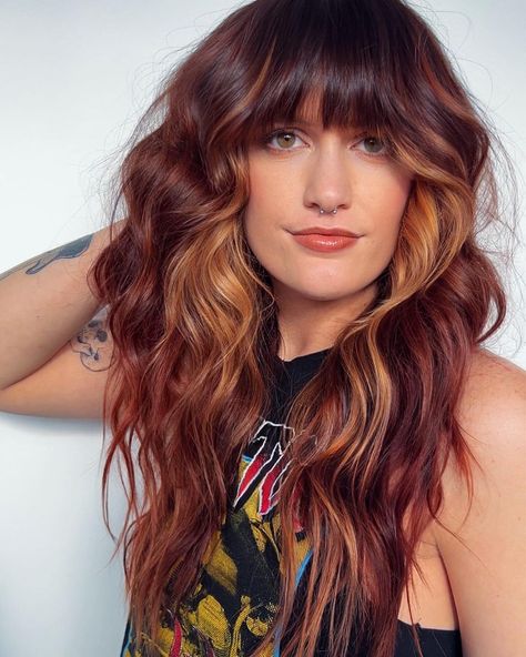 Burgundy Hair With Copper Money Piece, Long Red Hair With Money Piece, Auburn Hair With Copper Money Piece, Copper Hair Money Piece Bangs, Money Piece Fringe Bangs, Auburn With Money Piece, Money Piece With Fringe, Auburn Hair Money Piece, Money Piece Balayage Red Hair