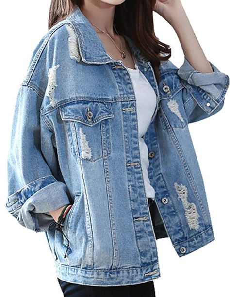 Boyfriend Jean Jacket, Ripped Denim Jacket, Boyfriend Denim Jacket, Jean Jacket Outfits, Trendy Swimwear, Jean Jacket Women, Boyfriend Jean, Vintage Denim Jacket, Denim Coat Jacket