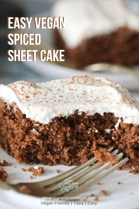 This vegan spice cake recipe is the perfect dessert for this holiday season! Moist, tender and topped with a simple vegan vanilla frosting! Check out this post to make this recipe now! #VeganCake #VeganDessert #VeganSpiceCake #SpiceCake #SheetCake Vegan Spice Cake Recipes, Vegan Cake Recipes Easy, Vegan Sheet Cake, Vegan Spice Cake, Vegan Vanilla Frosting, Gluten Free Spices, Spice Cake Recipe, Healthier Sweets, Spice Cake Recipes