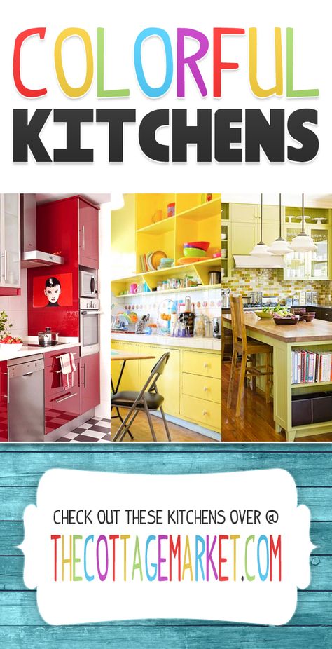 Over 30 Colorful Kitchens - The Cottage Market #ColorfulKitchens, #AddColorToYourKitchen, #PopOfCoor Fun Kitchens, Bright Kitchen Colors, Small Kitchen Colors, Colorful Kitchens, Fiesta Kitchen, Rainbow Kitchen, Funky Kitchen, Be Aesthetic, Colourful Kitchen