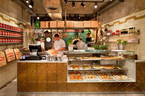 Pizza place by Dan Troim, Tel Aviv – Israel » Retail Design Blog - tiles Pizza Display, Pizza Project, Pizza Store, Pizzeria Design, Deli Cafe, Square Pizza, Small Pizza, Bakery Interior, Doner Kebab