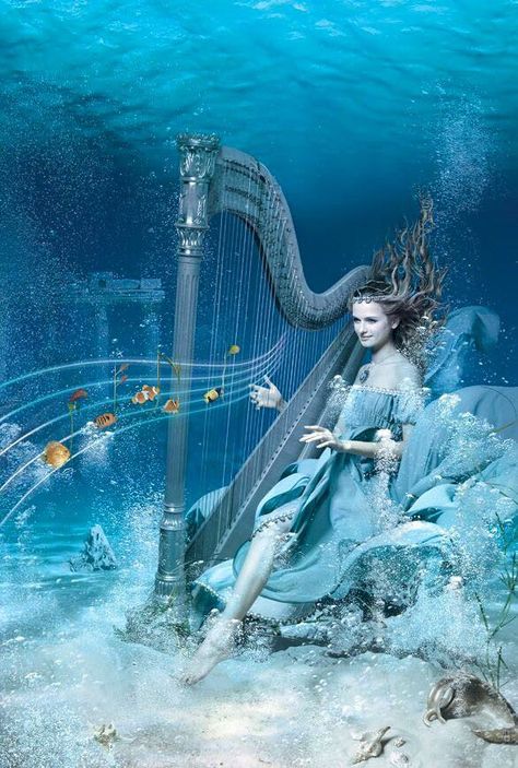 Girl underwater playing the Harp art Underwater Music, Under The Water, Trash Art, Mermaids And Mermen, Web Photos, Under Water, Underwater Photography, Music Room, Harp