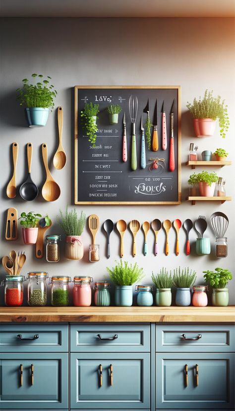 21 Stunning Kitchen Wall Decor Ideas to Transform Your Space ✨🍽️ Colorful Utensils, Kitchen Plants Decor, Colorful Dishware, Small Herb Garden, Kitchen Feature Wall, Kitchen Wall Decor Ideas, Modern Industrial Kitchen, Rustic Wooden Shelves, Kitchen Plants